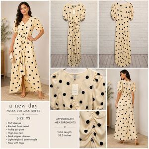 A New Day Polka Dot Maxi Dress Women’s XS Ruched Front Puff Sleeve